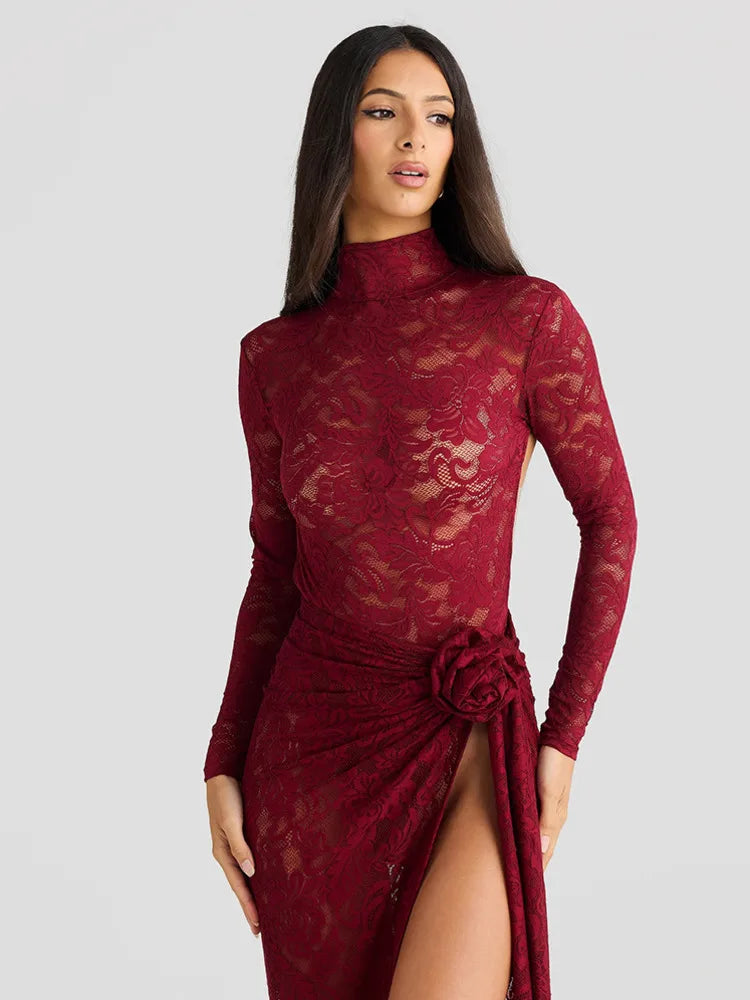 Sexy Lace Slim Perspective Two-piece Set Women High Neck Backless Jumpsuit Side Stitching Long Skirt Holiday Set 2025