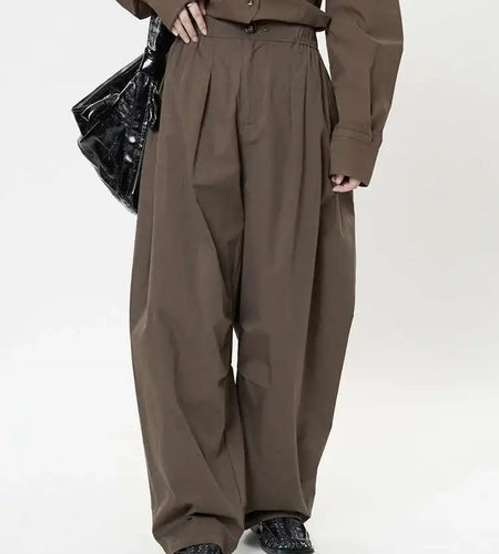 High Waist Brown 100% Cotton Pleated Long Wide Leg Pants New Trousers Women Fashion Tide Spring Autumn 2025 1DH9984