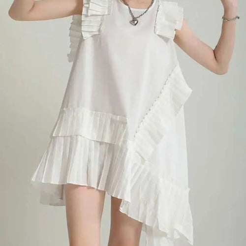 Load image into Gallery viewer, Women White Irregular Pleated Big Size Elegant Dress New Round Neck Sleeveless Fashion Tide Spring Summer 2025 1DH5375
