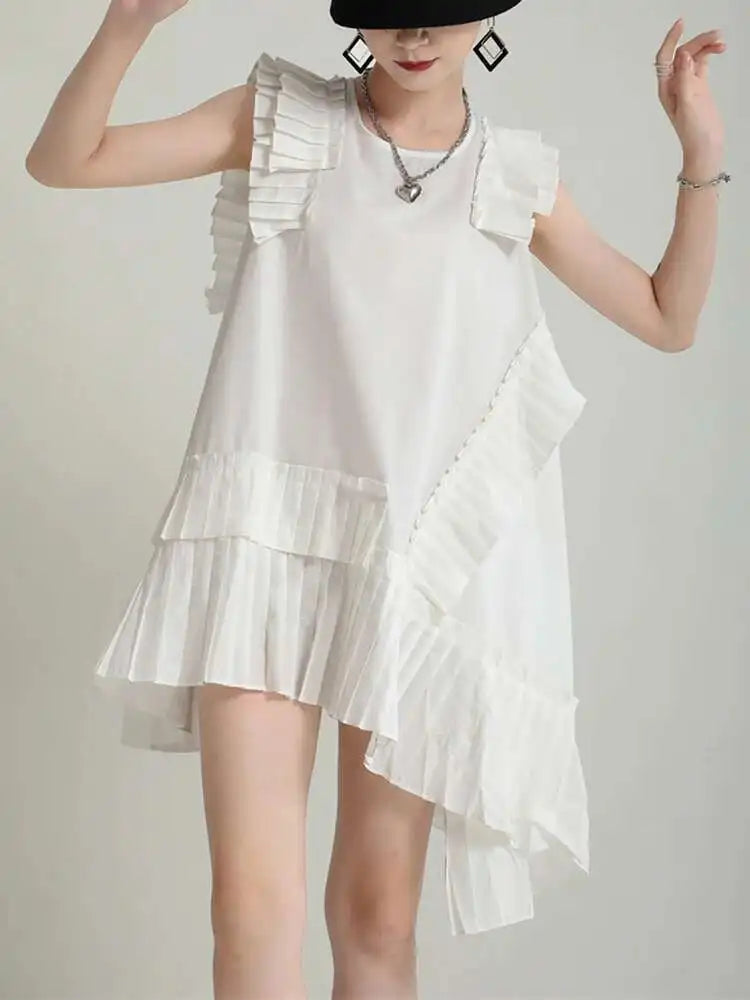 Women White Irregular Pleated Big Size Elegant Dress New Round Neck Sleeveless Fashion Tide Spring Summer 2025 1DH5375