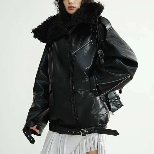 Load image into Gallery viewer, Black Thick Lambswool Big Size PU Leather Jacket New Lapel Long Sleeve Women Coat Fashion Tide Autumn Winter 2025 1DH8259
