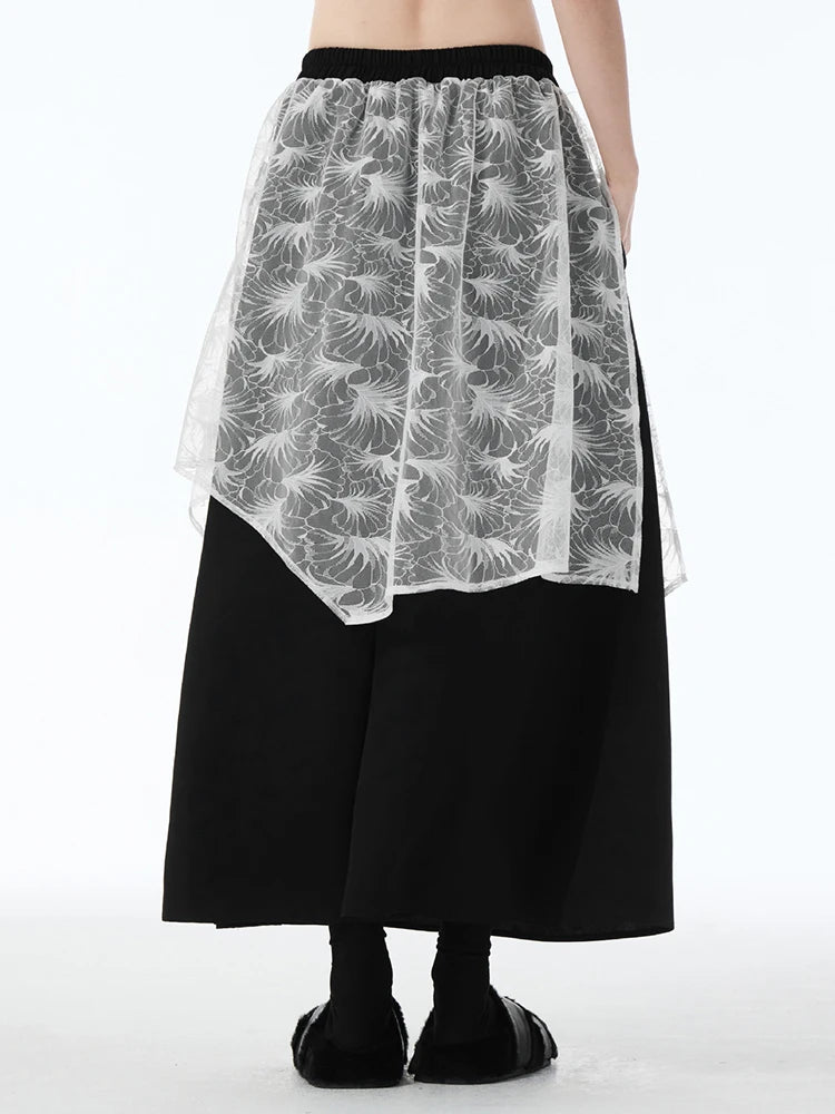 High Elastic Waist Black Lace Spliced Irregular A-line Half-body Skirt Women Fashion Tide New Spring Autumn 2025 1DJ1251