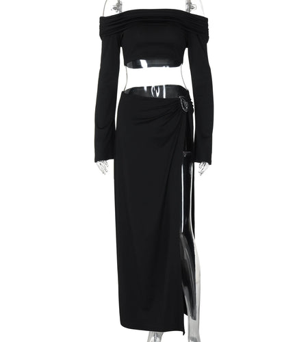 Elegant 2 Piece Sets Solid Slash Neck  Long Sleeve Sexy Crop Top Slit Maxi Skirt Autumn Women Outfits Party Festival
