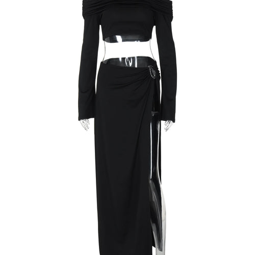 Load image into Gallery viewer, Elegant 2 Piece Sets Solid Slash Neck  Long Sleeve Sexy Crop Top Slit Maxi Skirt Autumn Women Outfits Party Festival
