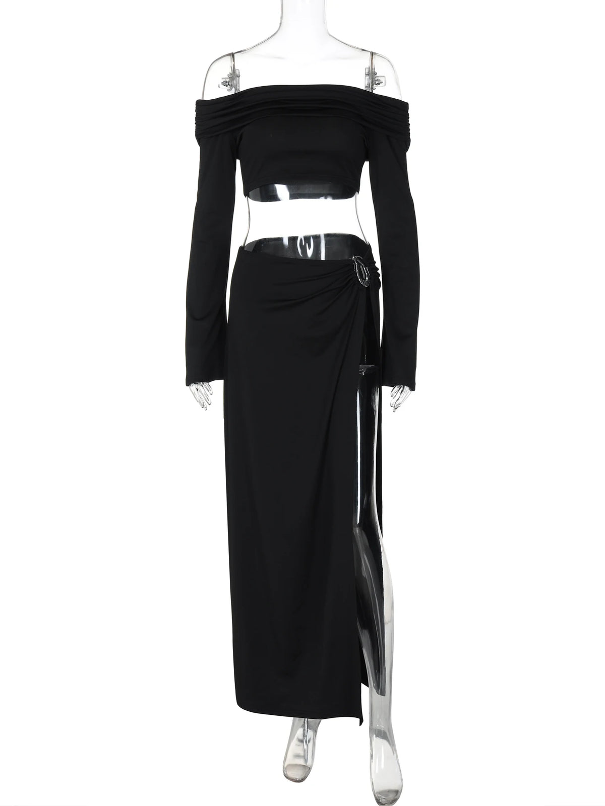 Elegant 2 Piece Sets Solid Slash Neck  Long Sleeve Sexy Crop Top Slit Maxi Skirt Autumn Women Outfits Party Festival