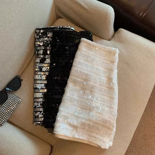 Load image into Gallery viewer, Women Black High Waist Shiny Mini Skirt White Sequins A-line Slim Skirts Y2k Silver Evening Party Skirt Sexy Club Spring Summer
