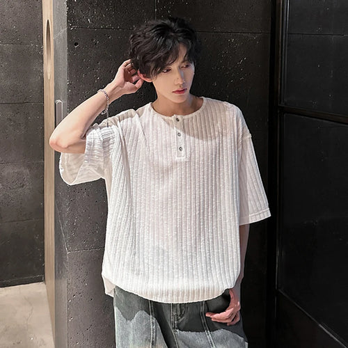 Load image into Gallery viewer, Men's T-shirts New Summer Niche Design Round Collar Short Sleeved Buttom Design Pullover Striped Trendy Male Tops 9W1915
