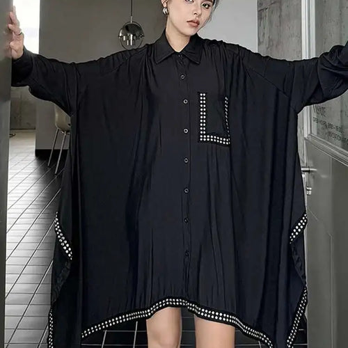 Load image into Gallery viewer, Women Black Irregular Hem Rivet Pocket Big Size Shirt Dress New Lapel Long Sleeve Fashion Tide Spring Autumn 2025 1DH7268
