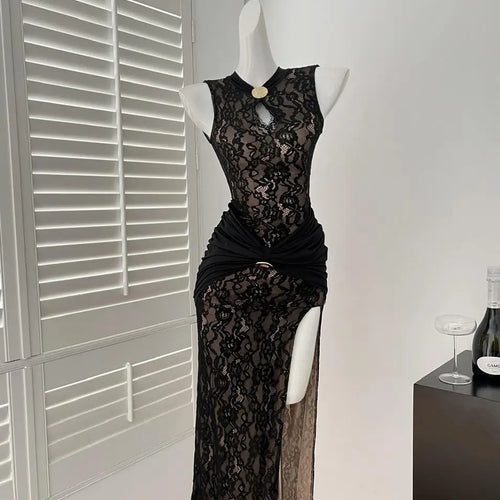 Load image into Gallery viewer, Chinese Style Women Black Patchwork Lace Elegant Slim Wrap Hip Pleated Vest Long Dress Summer Sleeveless Vacation Party Dresses

