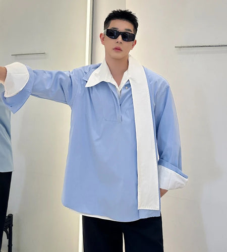 Summer Men's Shirts Long Sleeve Trendy One-piece Tie Decoration Pullover Metal Buckle Design Male Casual Clothing 9W1878