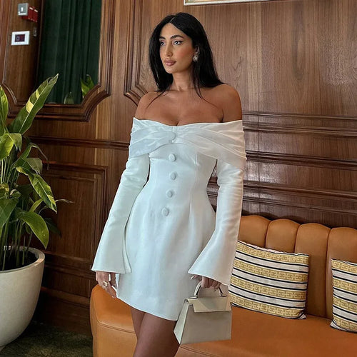Load image into Gallery viewer, Off-shoulder Long Flare Sleeve Sexy Mini Blazer Dress For Women Autumn Winter New Strapless Backless Elegant Dress
