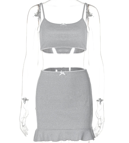 Women Fashion 2 Pcs Co Ord Sets Solid Slips Bow Sexy Crop Camis Ruffles Mini Skirt Summer Y2K Clothes Vacation Party