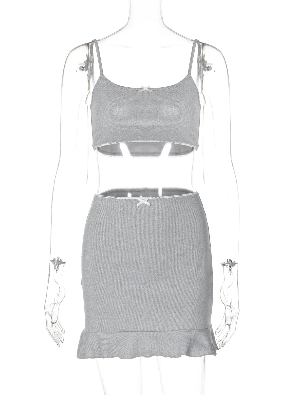 Women Fashion 2 Pcs Co Ord Sets Solid Slips Bow Sexy Crop Camis Ruffles Mini Skirt Summer Y2K Clothes Vacation Party