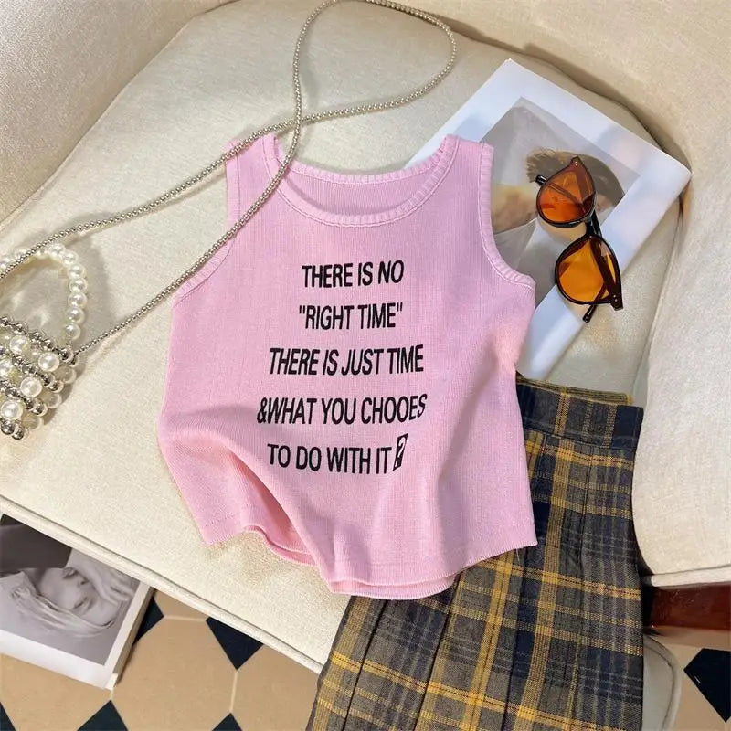 Summer Y2k White Letter Sleeveless Sexy Short Tank Top For Women Pink Yellow Vest Streetwear Clothing Casual Holiday Popular New
