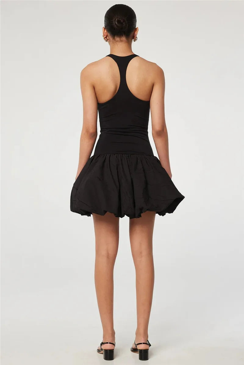 Black Sleeveless Puffy Dress For Women Fashion Round Neck High Waist Backless A-line Loose Sexy Dress Clothes