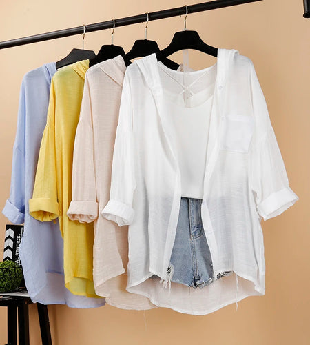 Women's Shirt Casual Cotton Hemp 2022 Summer Loose Long Sleeve Blouses Thin Leisure Hooded Sunscreen Clothes Top Female