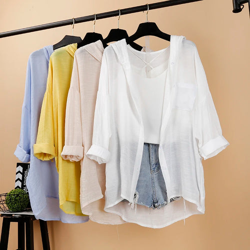 Load image into Gallery viewer, Women's Shirt Casual Cotton Hemp 2022 Summer Loose Long Sleeve Blouses Thin Leisure Hooded Sunscreen Clothes Top Female
