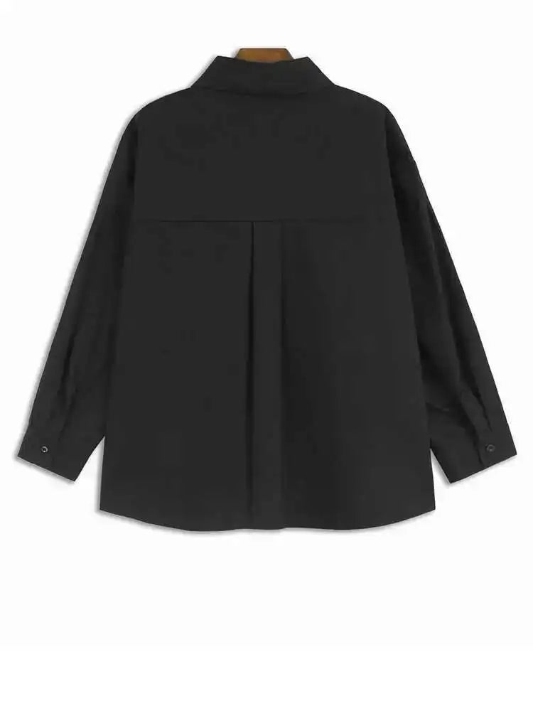 Women Black Striped Spliced Big Size Casual Blouse New Lapel Long Sleeve Shirt Fashion Tide Spring Autumn 2025 1DH6908