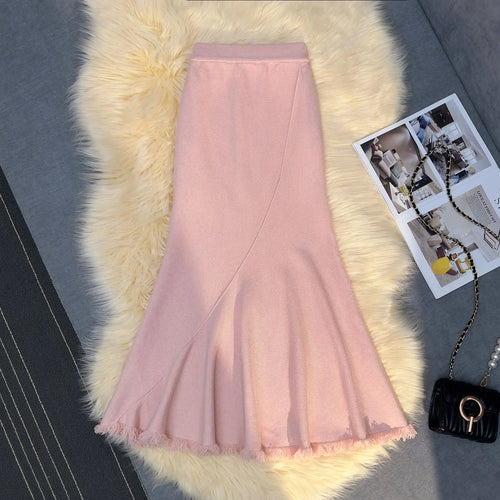 Load image into Gallery viewer, Korean Version Black Beige Tassel Elegant Knit Pleated Long Skirt Women Autumn Winter Pink High Waist Wrap Hip Fishtail Skirts
