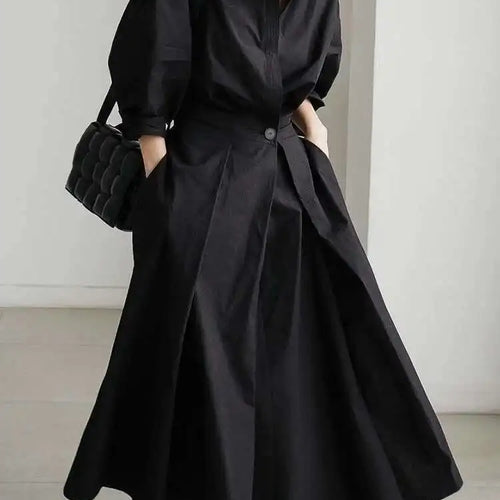 Load image into Gallery viewer, Women Beige Pleated Long Big Size Elegant Dress New Lapel Long Sleeve Loose Fit Fashion Tide Spring Autumn 2025 1DE91400
