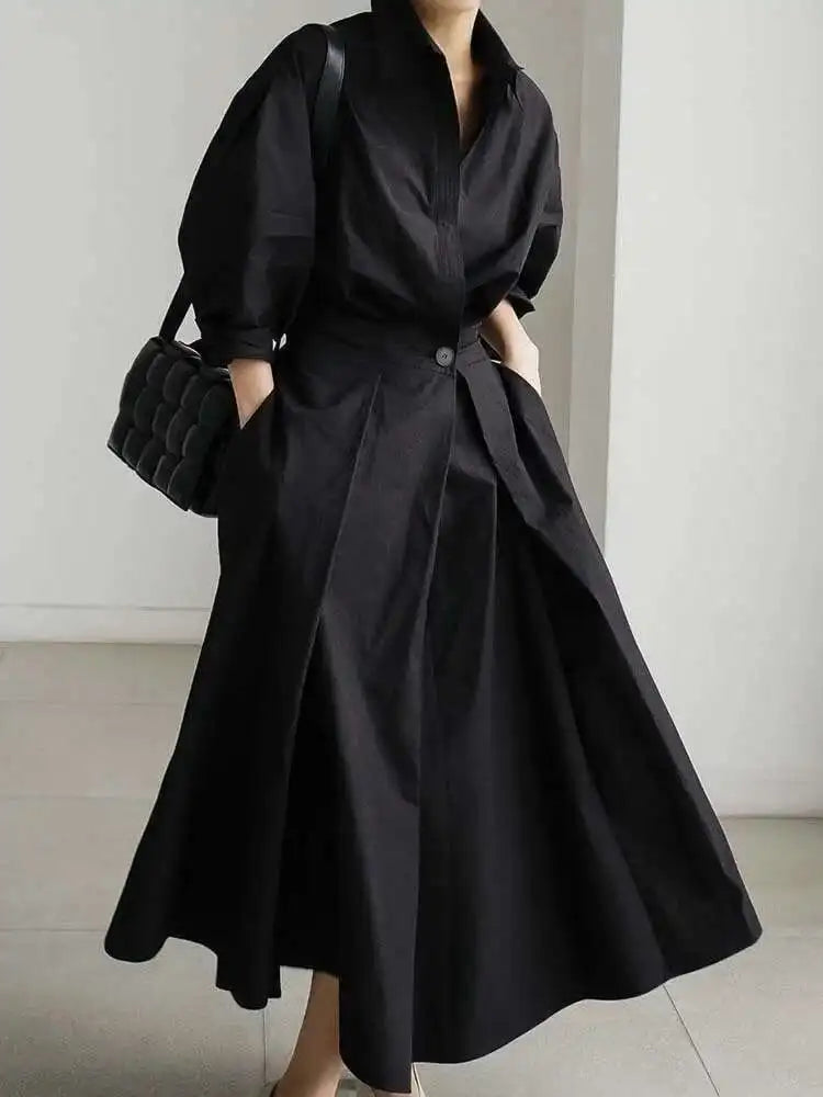 Women Beige Pleated Long Big Size Elegant Dress New Lapel Long Sleeve Loose Fit Fashion Tide Spring Autumn 2025 1DE91400