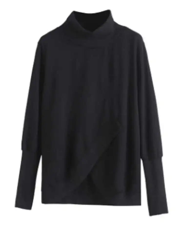 Women Black Irregular Split Joint Big Size T-shirt New Turtleneck Long Sleeve  Fashion Tide Spring Autumn 2025 1DC670