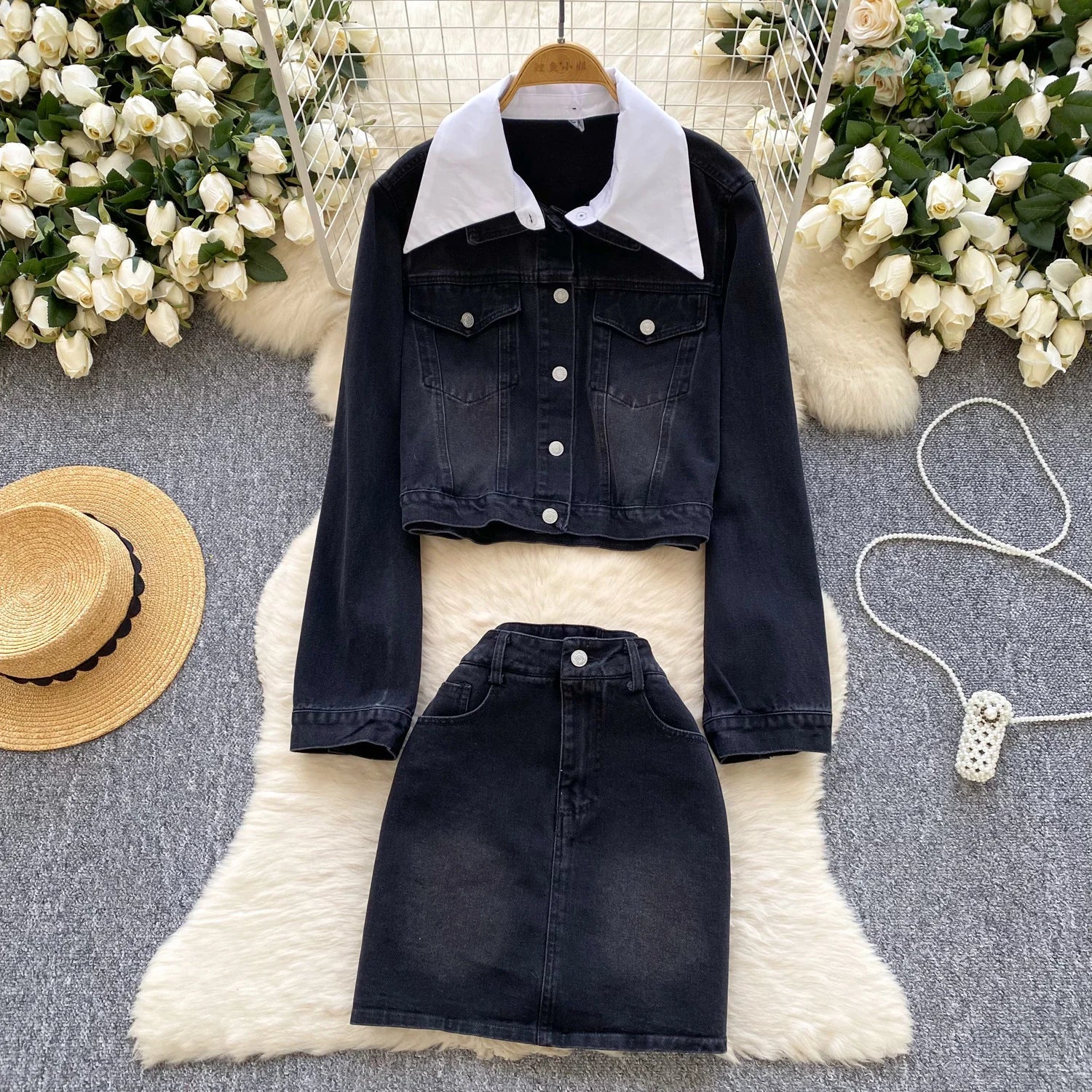 French Vintage Two Piece Set Women Blue Black Denim Patchwork Long Sleeve Single Breasted Tops And High Waist Short Skirt Spring