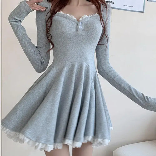 Load image into Gallery viewer, Vintage Black Lace Sexy Club Party Pleated Dress For Women 2023 Gray V Neck Long Sleeve Botton Wrapped Hip Mini Dress New Autumn
