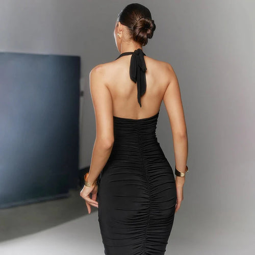 Load image into Gallery viewer, Halter Deep V Neck Sexy Maxi Dress For Women Gown Black Sleeveless Backless Bodycon Ruched Club Party Long Dress

