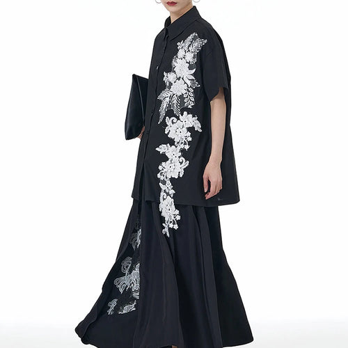 Load image into Gallery viewer, High Elastic Waist Black Appliques Spliced A-line Half-body Skirt Women Fashion Tide New Spring Autumn 2025 1DJ1502
