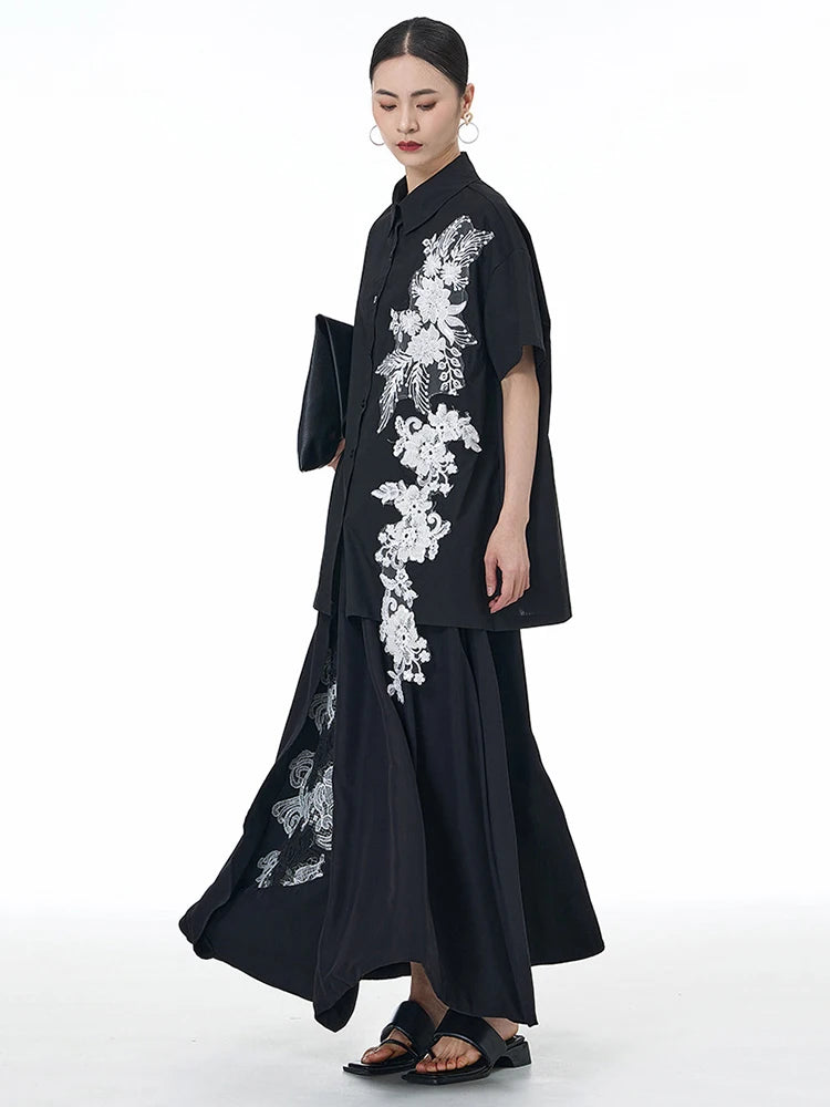 High Elastic Waist Black Appliques Spliced A-line Half-body Skirt Women Fashion Tide New Spring Autumn 2025 1DJ1502