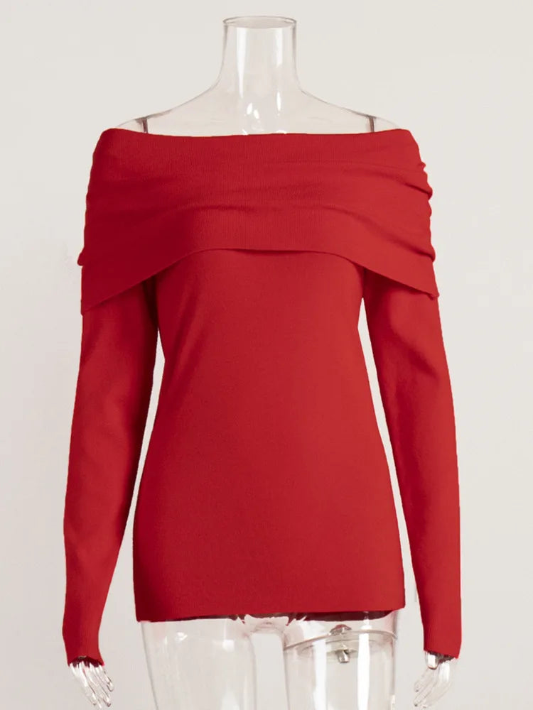 Elegant Knitted Long Sleeve Sweater High Elasticity Slim Top For Women 2025 New Winter Sexy One Shoulder Tight Sweater