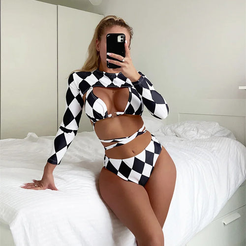 Load image into Gallery viewer, Halter Three-pieces With Long Sleeves Bikini Set High Waist Female Swimsuit Cross Bandage Women Swimwear Bathing Suit
