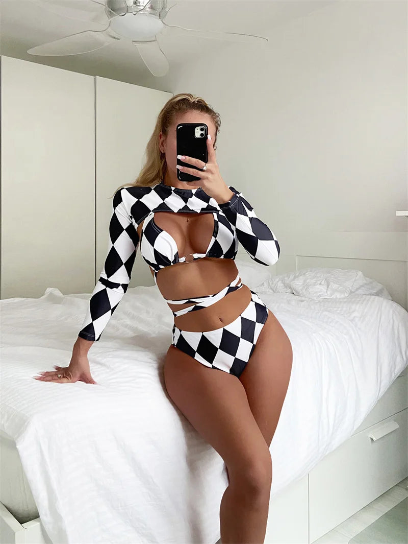 Halter Three-pieces With Long Sleeves Bikini Set High Waist Female Swimsuit Cross Bandage Women Swimwear Bathing Suit