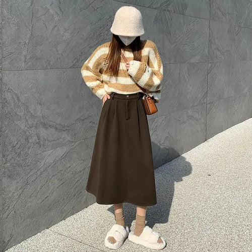 Load image into Gallery viewer, Autumn Winter Black Oversized Woolen Long Skirt Women Korean Fashion Ladies Brown High Waist Pleated Skirt Casual Streetwear new
