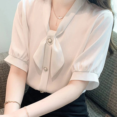 Load image into Gallery viewer, Bow Puff Sleeve Summer Women Shirt Solid Color New Chic Buttons Fashion Female Shirts Korean Style Elegant Office Lady
