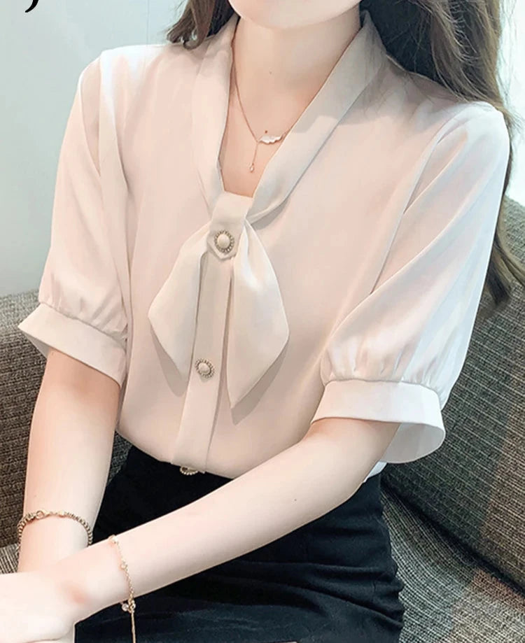 Bow Puff Sleeve Summer Women Shirt Solid Color New Chic Buttons Fashion Female Shirts Korean Style Elegant Office Lady