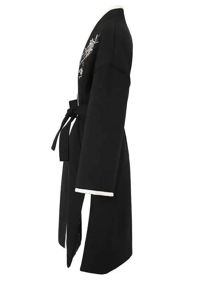 Black Embroidery Belted Big Size Woolen Coat New V-neck Long Sleeve Women Jacket Fashion Tide Autumn Winter 2025 CPG1079