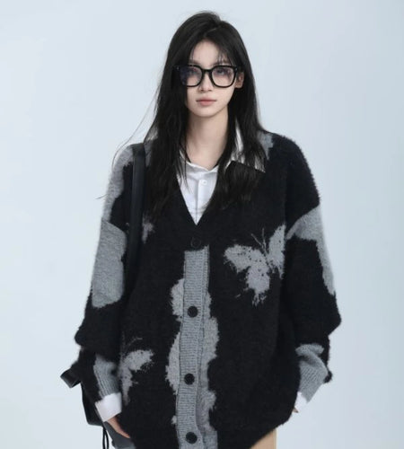 Y2k Aesthetic Butterfly Jacquard Knitted Cardigan Women Vintage Single Breasted Jacket Harajuku Loose Sweater Coat Streetwear