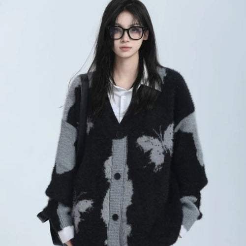 Load image into Gallery viewer, Y2k Aesthetic Butterfly Jacquard Knitted Cardigan Women Vintage Single Breasted Jacket Harajuku Loose Sweater Coat Streetwear
