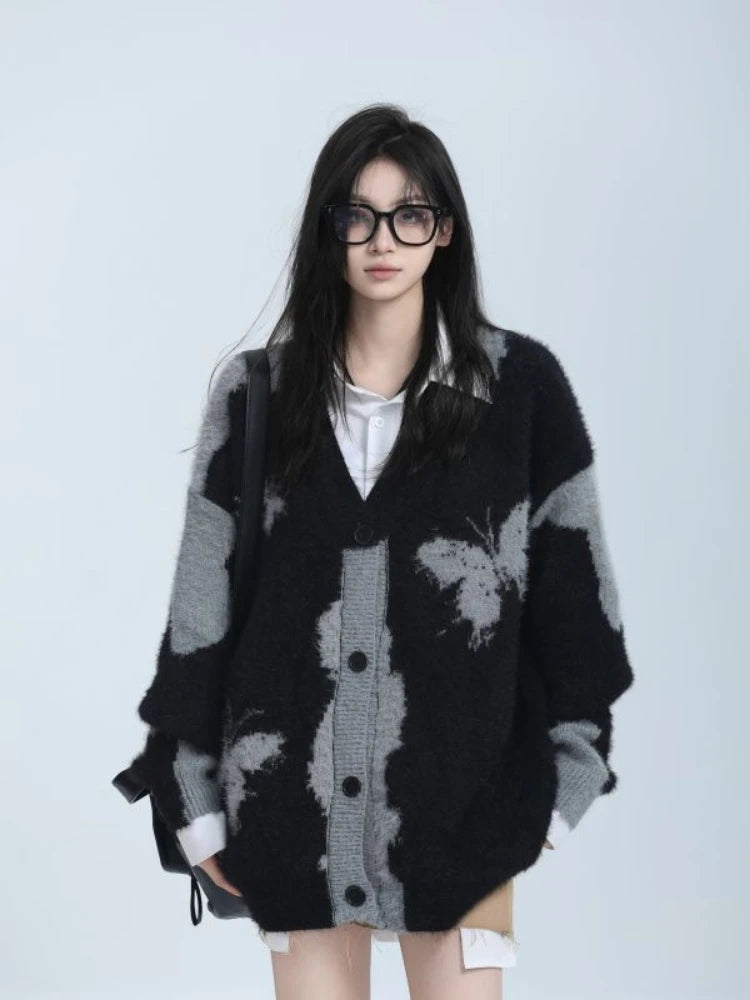 Y2k Aesthetic Butterfly Jacquard Knitted Cardigan Women Vintage Single Breasted Jacket Harajuku Loose Sweater Coat Streetwear