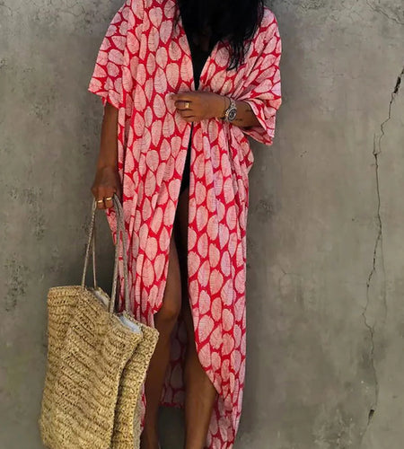 7 Colors Leaves Printed With Belt Half Sleeve Tunic Beach Cover Up Cover-ups Beach Dress Beach Wear Beachwear Female Women V4511