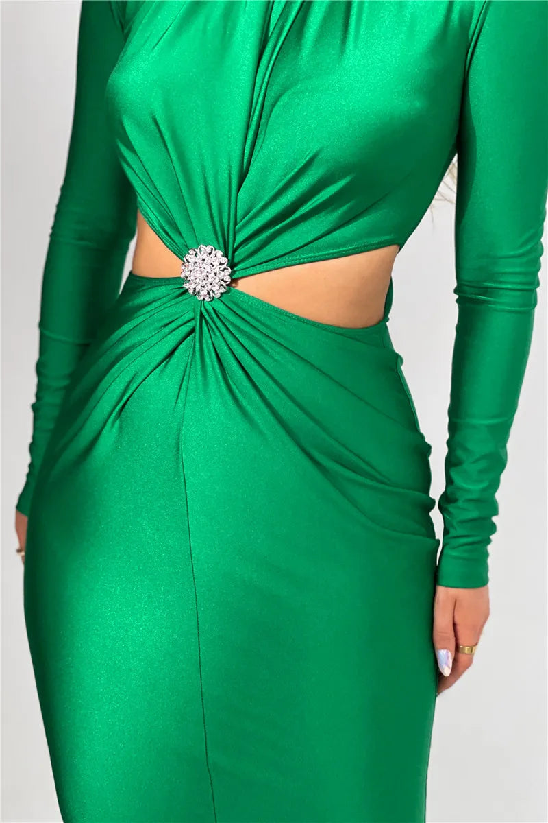 Elegant Hollow Out Sexy Maxi Dress For Women Autumn Winter New Turtleneck Long Sleeve Bodycon Club Party Evening Dress