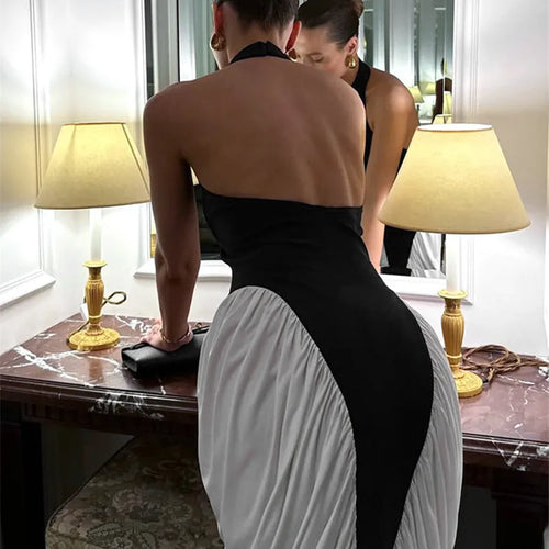 Load image into Gallery viewer, Patchwork Halter Backless Sexy Midi Dress Women Gown Elegant Fashion Contrast Color Sleeveless Pleated Long Dress
