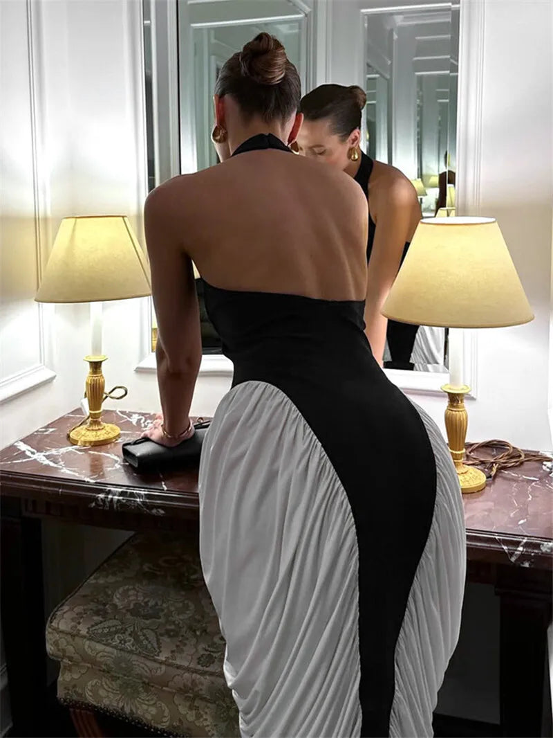 Patchwork Halter Backless Sexy Midi Dress Women Gown Elegant Fashion Contrast Color Sleeveless Pleated Long Dress