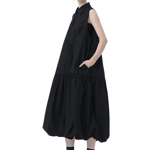 Load image into Gallery viewer, Women Black Brief Pleated Big Size Midi Bud Shirt Dress New Lapel Sleeveless Fashion Tide Spring Autumn 2025 1DJ0955
