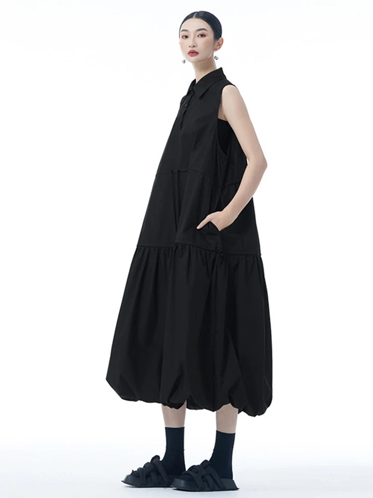 Women Black Brief Pleated Big Size Midi Bud Shirt Dress New Lapel Sleeveless Fashion Tide Spring Autumn 2025 1DJ0955