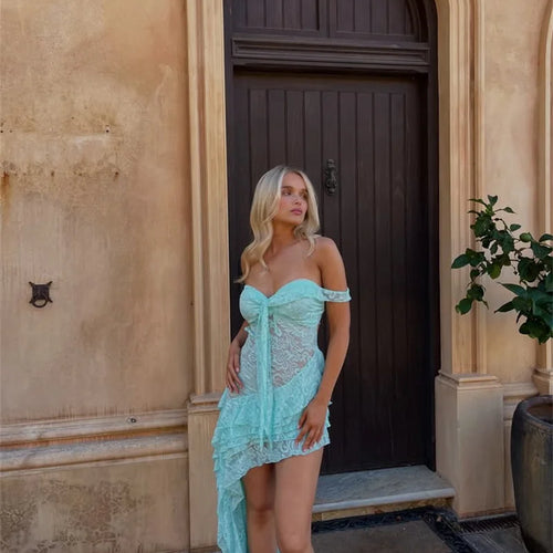 Load image into Gallery viewer, Lace Ruffle Sexy Maxi Dress Women Fashion Summer Off-shoulder Strapless Sleeveless Backless Beach Holiday Club Dress
