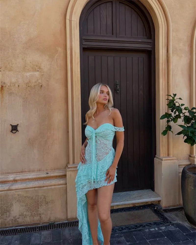 Lace Ruffle Sexy Maxi Dress Women Fashion Summer Off-shoulder Strapless Sleeveless Backless Beach Holiday Club Dress