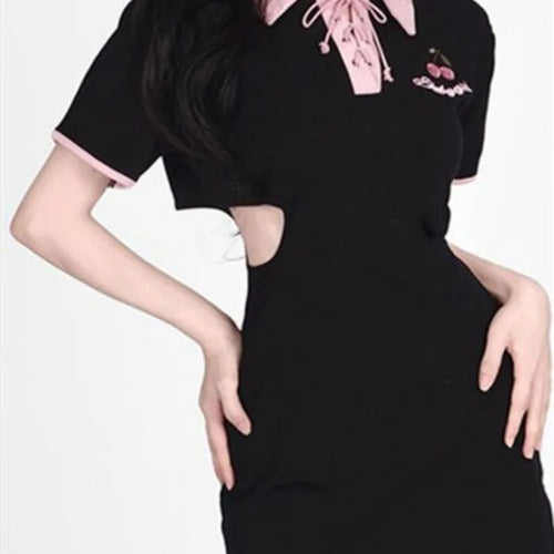 Load image into Gallery viewer, Y2k Letter Embroidery Bodycon Dress Women Hollow Out Bandgae Kawaii Black Short Sleeve Mini Dresses Korean Fashion
